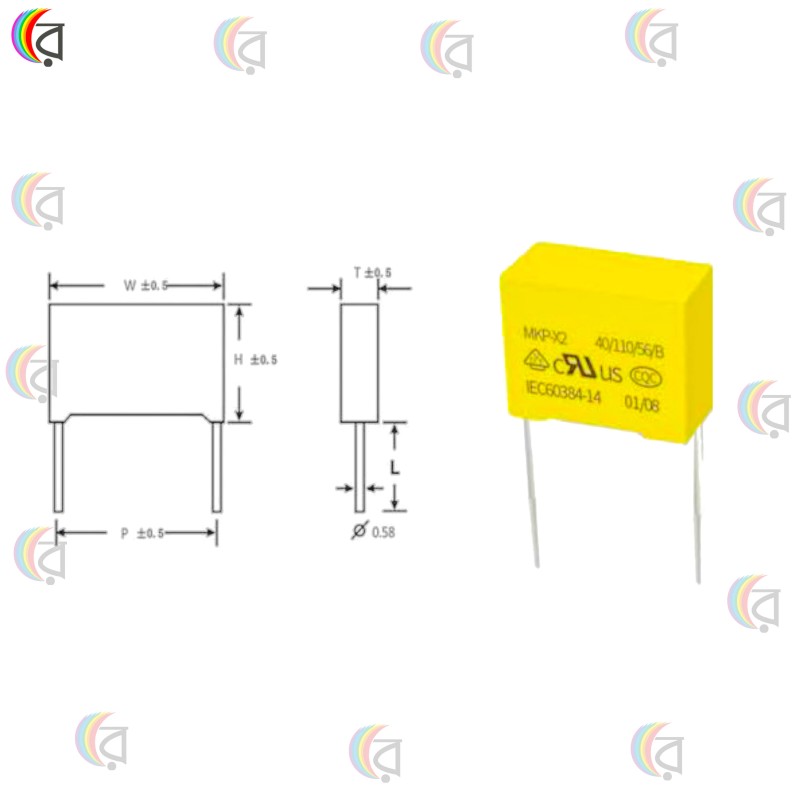 0.1µF 100nF 275VAC X2 Safety Capacitor – Metallized Polypropylene Film Capacitor for EMI Filter & Fan Regulator Images